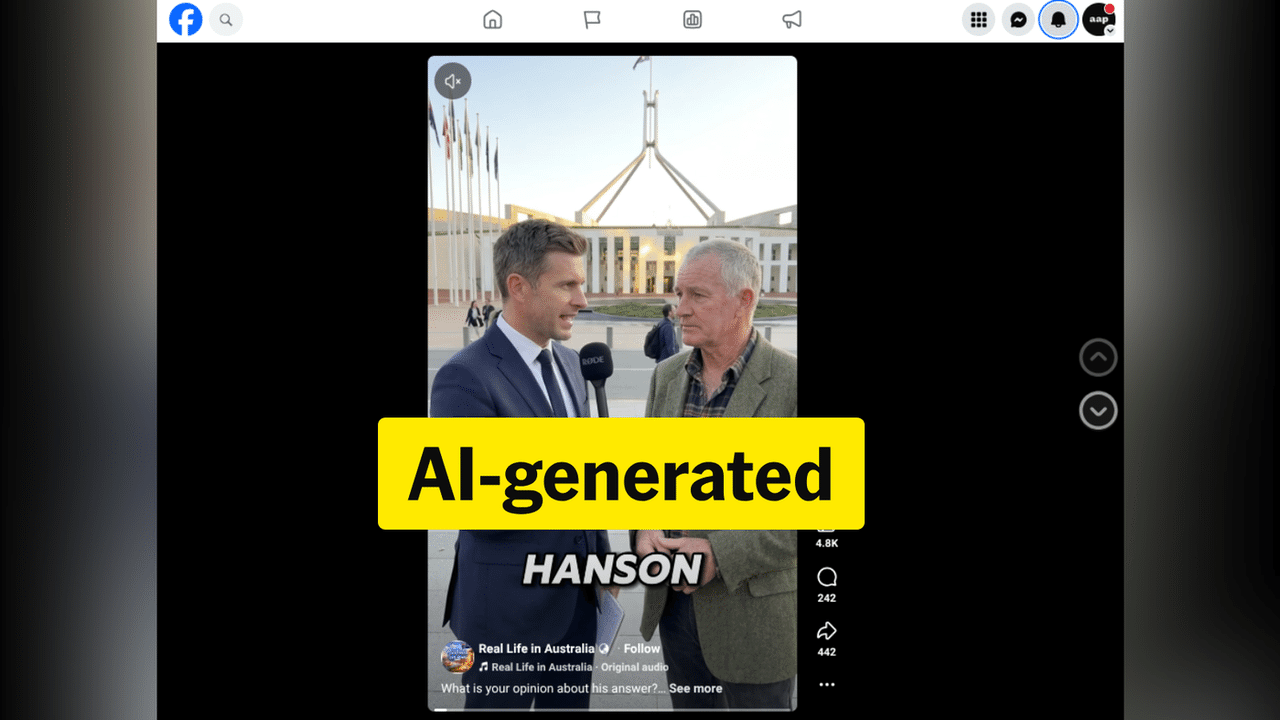A screenshot from an AI video of a man talking about Pauline Hanson.