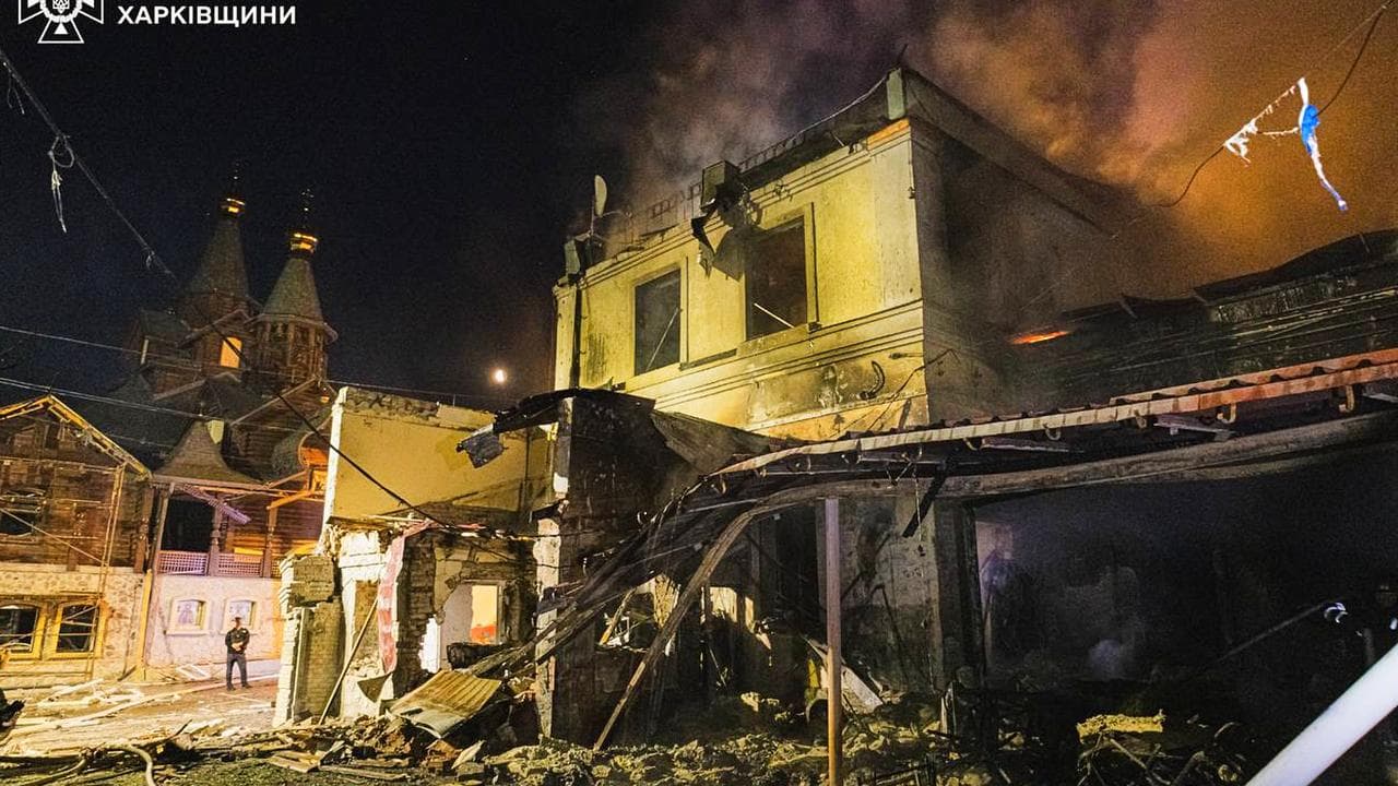 A damaged building seen after a Russian strike in Kharkiv, Ukraine