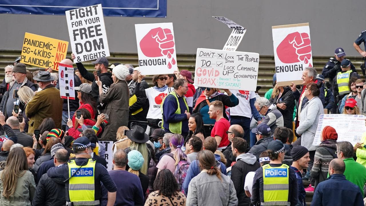 Protesters gather outside Parliament House in Melbourne, May 10, 2020.