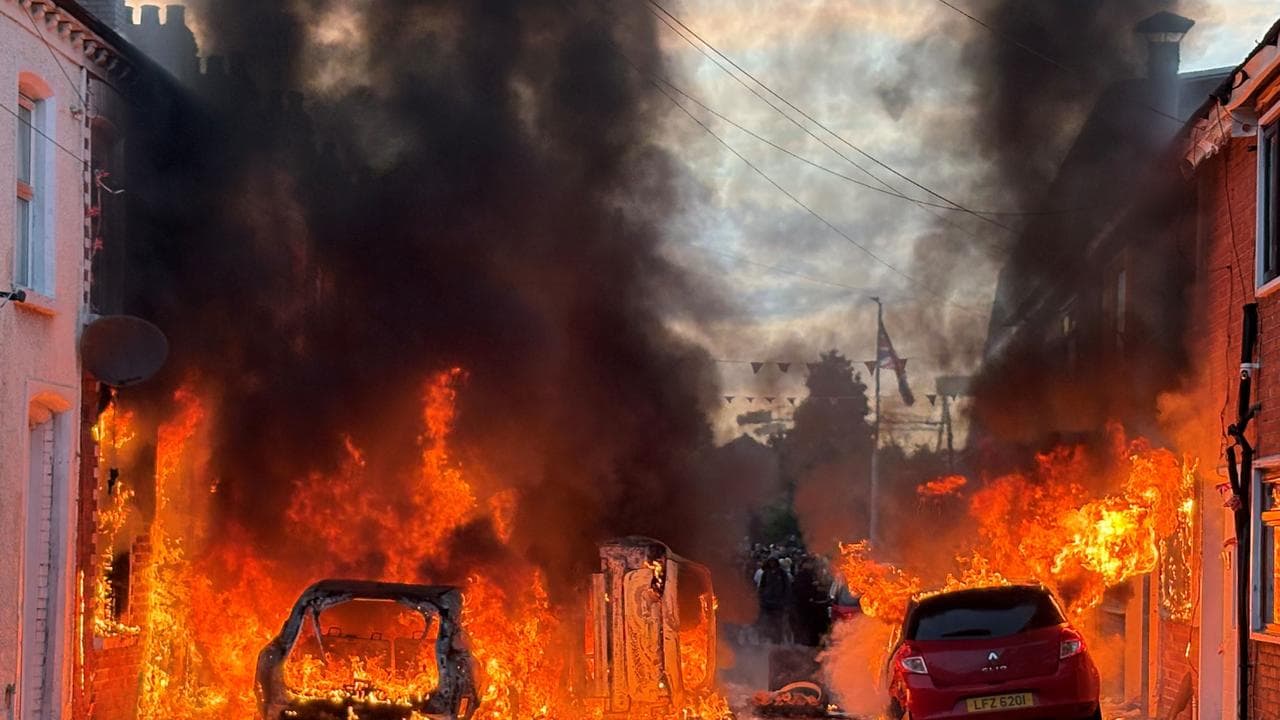 Vehicles set on fire by protesters in east Belfast, Northern Ireland