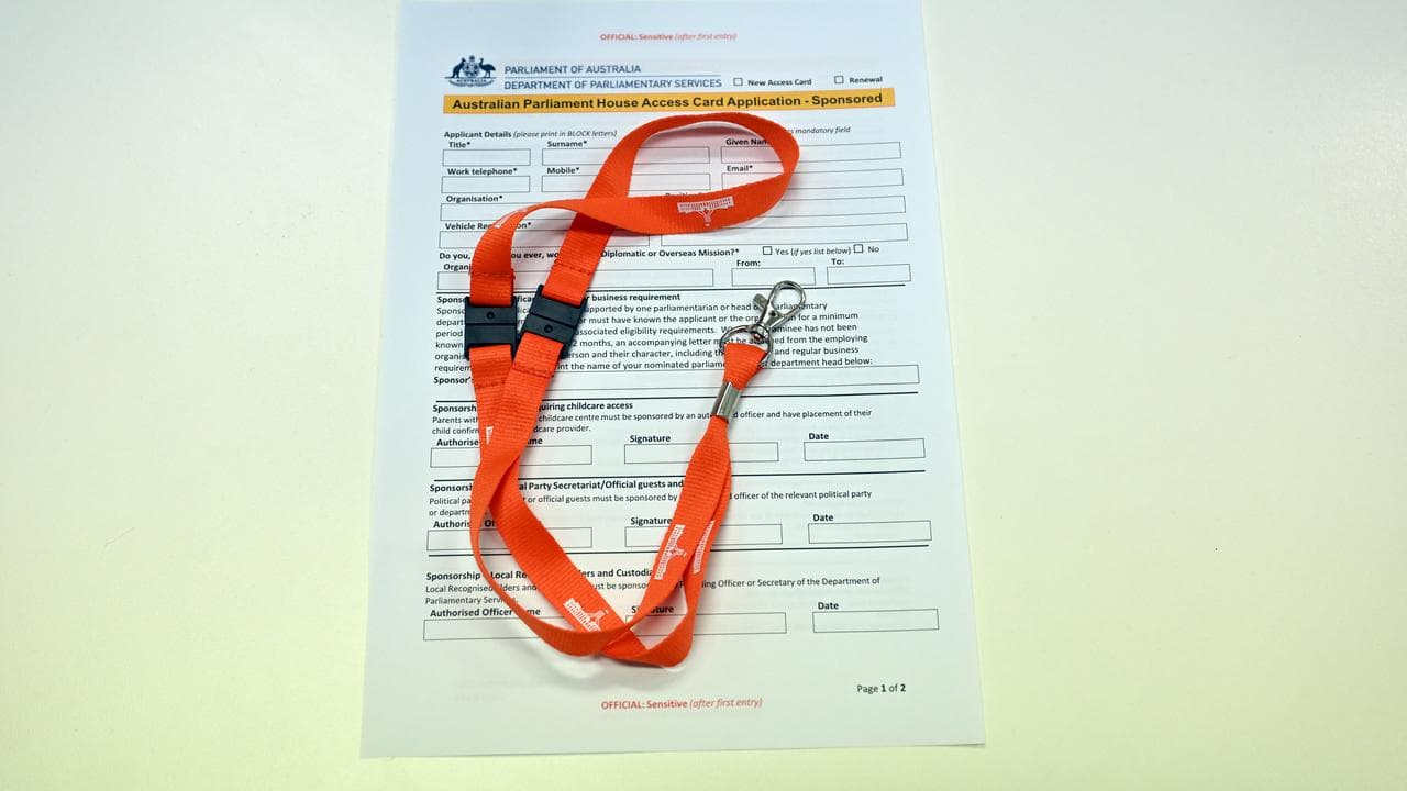 A Parliament House Access Card Application and Lobbyist lanyard