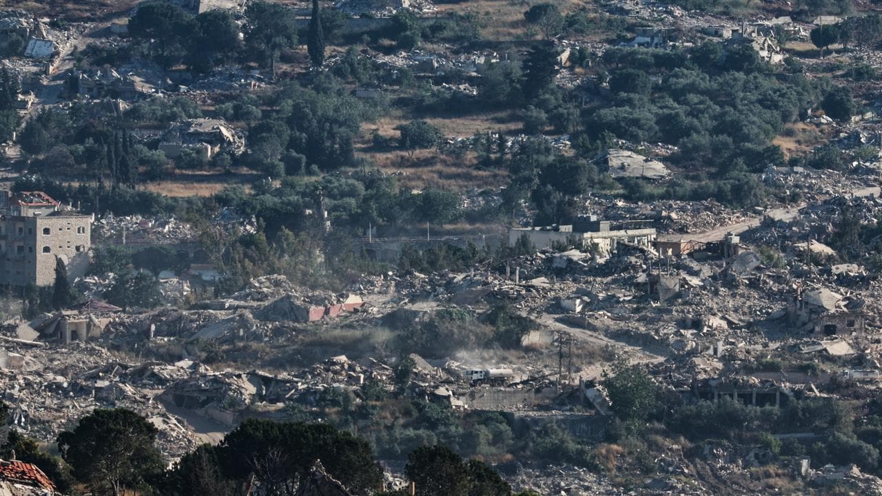 Collapsed buildings in the southern Lebanese village of Meiss El Jabal