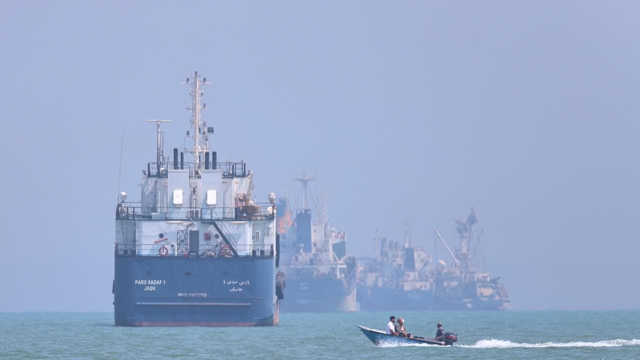 Anchored vessels in the Strait of Hormuz off Bandar Abbas, Iran