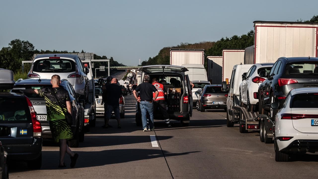 Vehicles are stranded on a motorway near Magdeburg, Germany