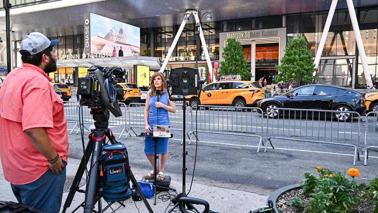 Media set up outside Madison Square Garden, New York