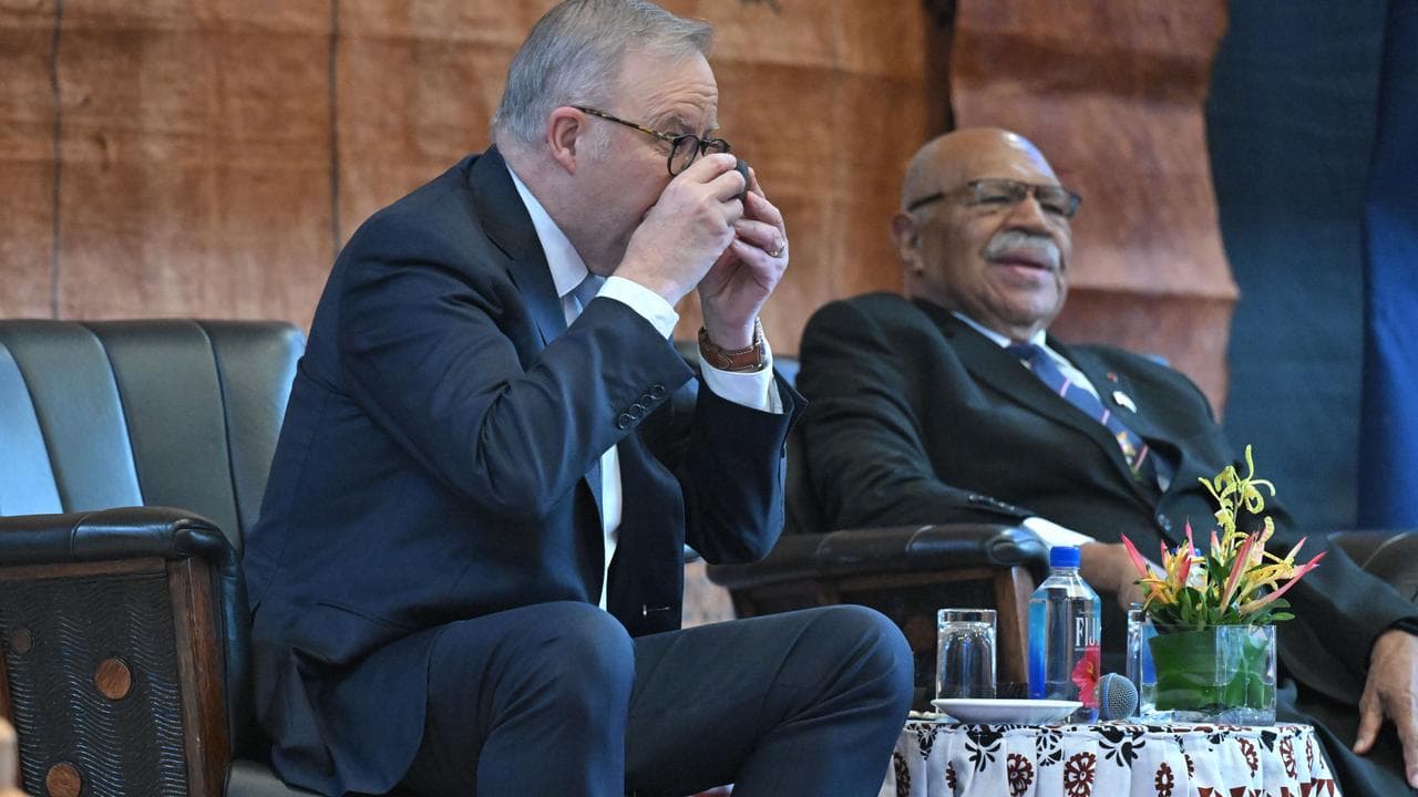 Anthony Albanese and Fiji’s Prime Minister Sitiveni Rabuka drink kava