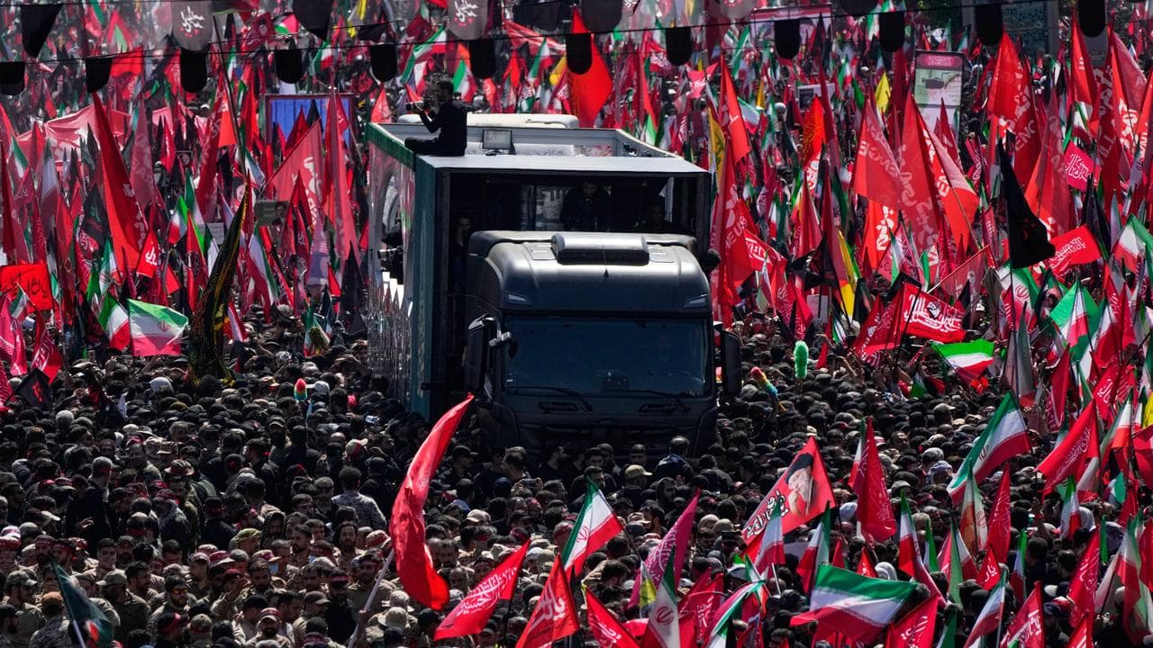 The truck carrying the coffin of Ayatollah Ali Khamenei in Tehran