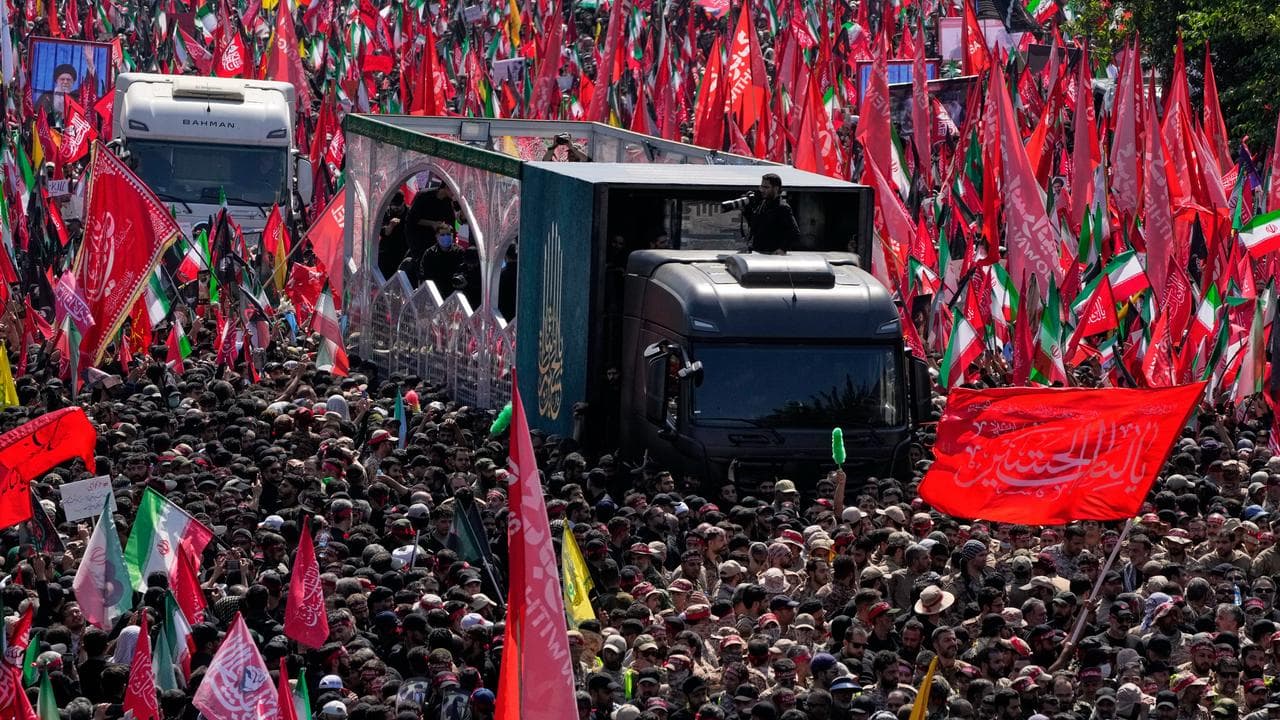 Truck carrying the coffin of the supreme leader Ayatollah Ali Khamenei