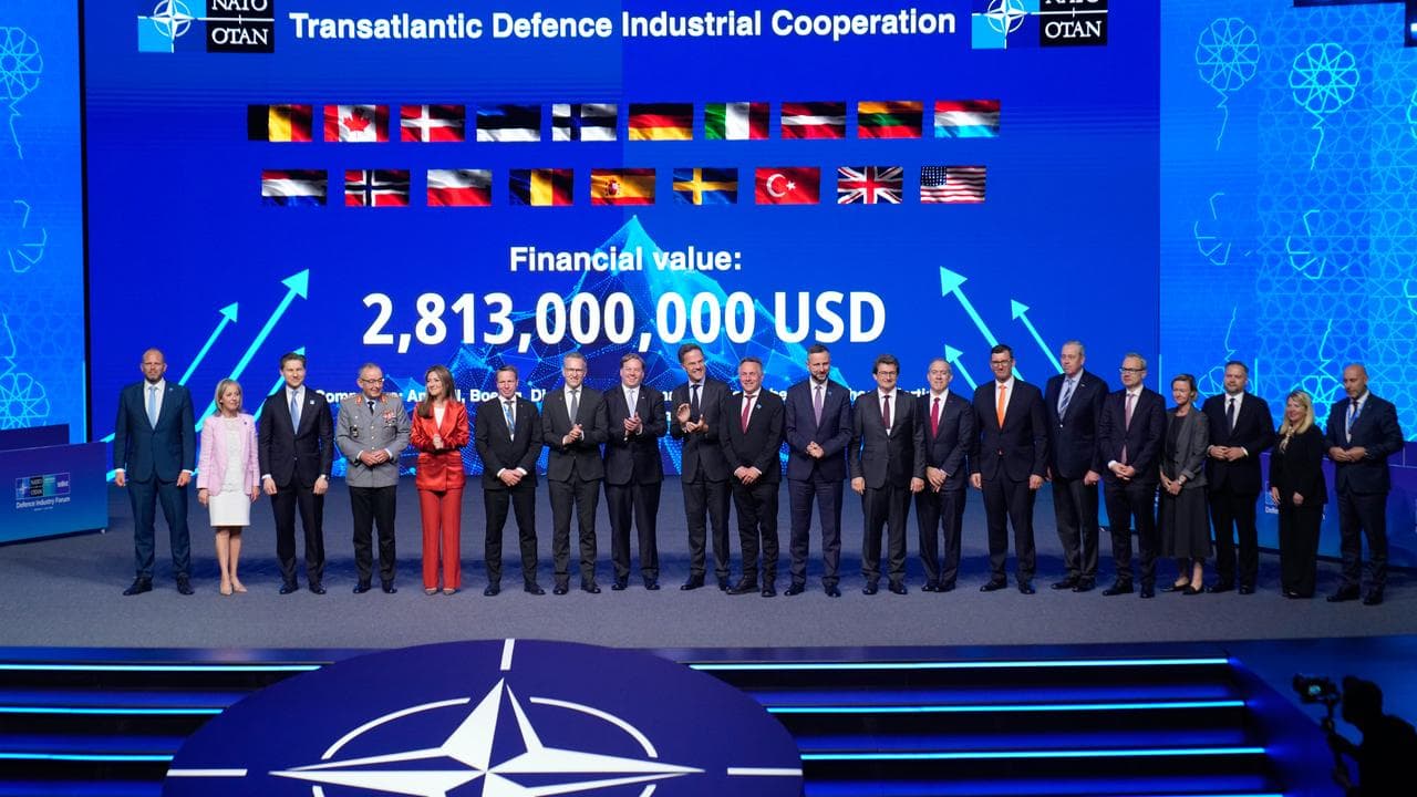 Defence ministers pose at the NATO Defence Industry Forum