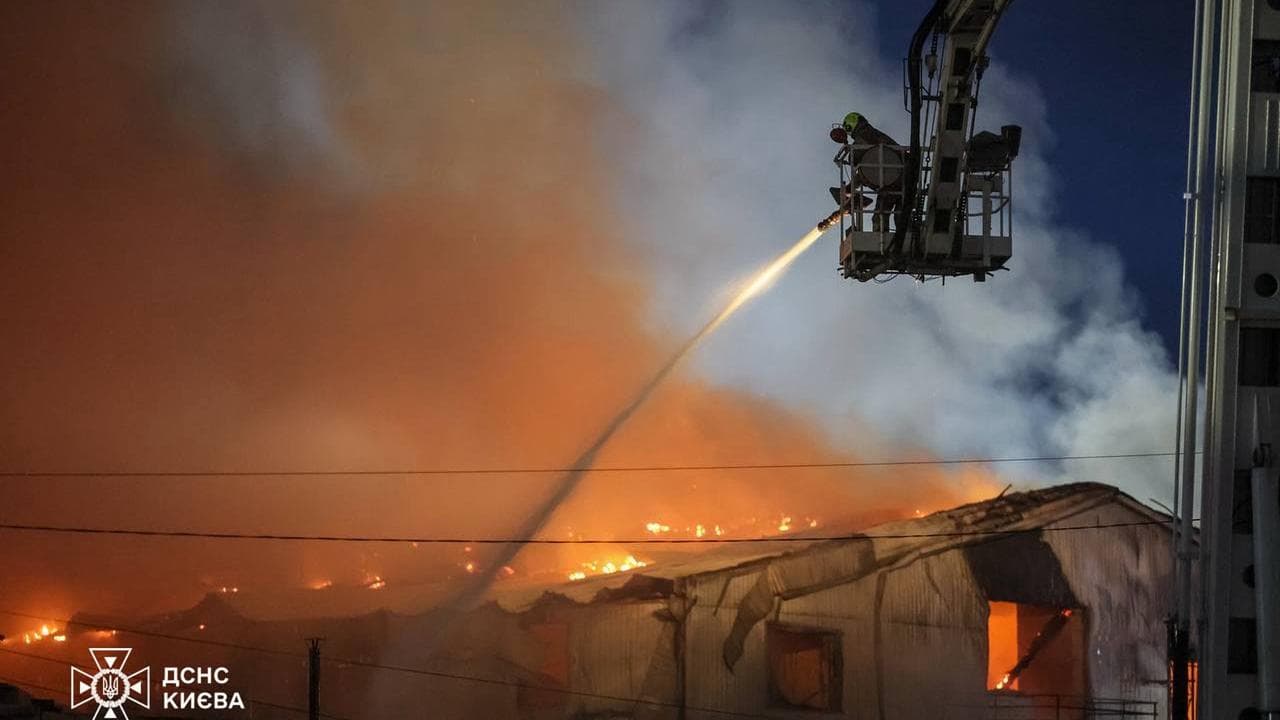 A fire following a Russian air attack in Kyiv, Ukraine