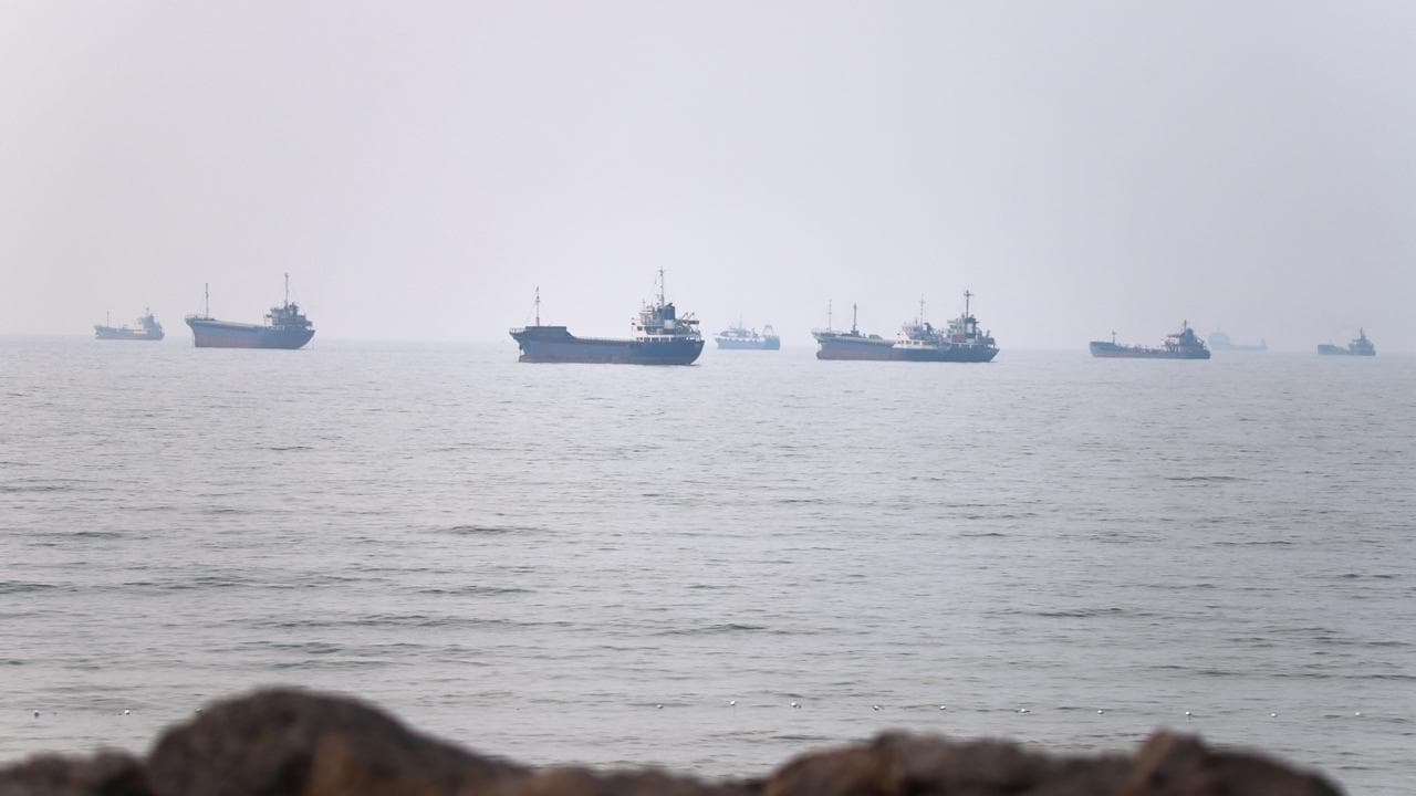 Commercial vessels in the Strait of Hormuz off Bandar Abbas, Iran