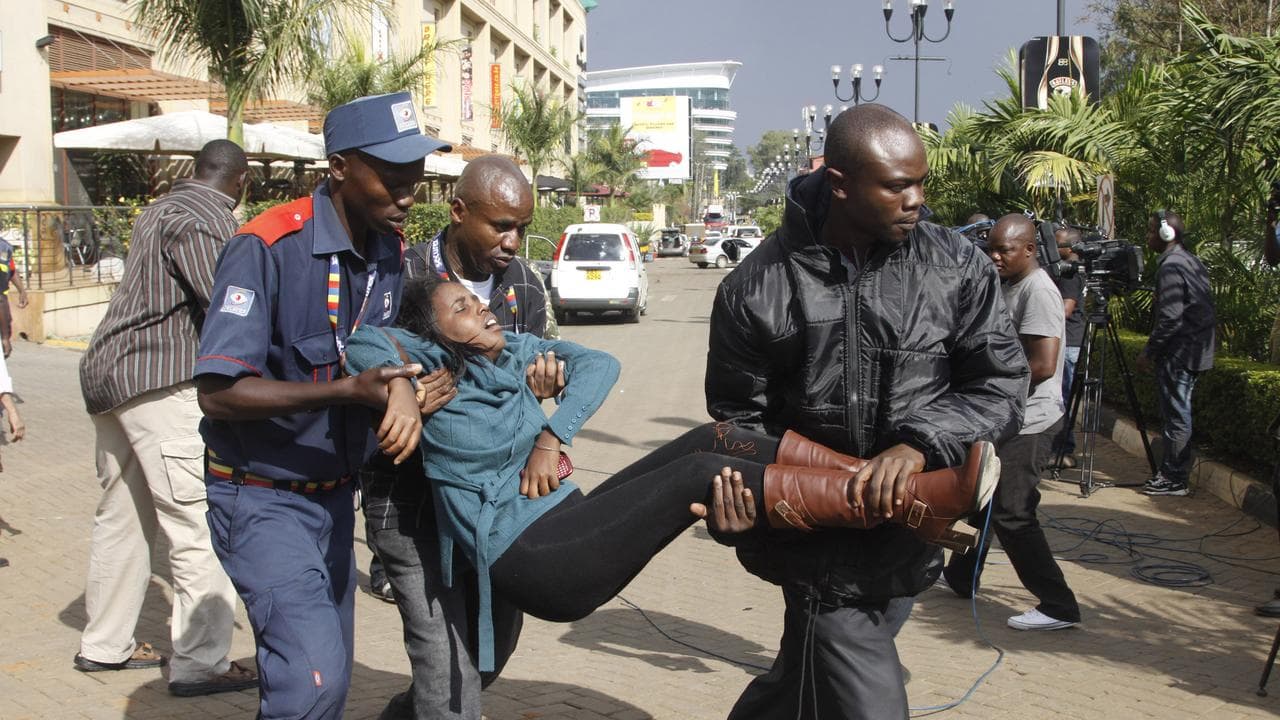 A wounded woman outside the Westgate Mall in Nairobi