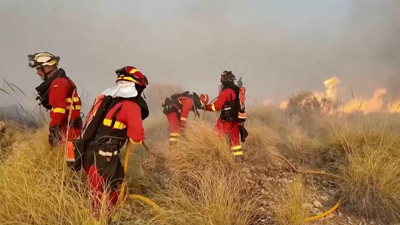 Fireighters during a wildfire near Los Gallardos, Almeria, Spain