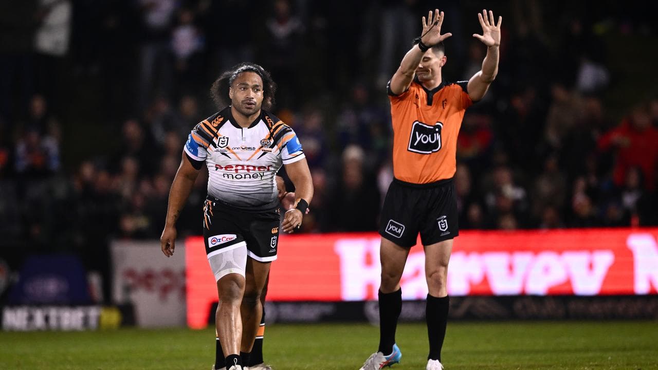 Bunty Afoa of the Tigers is sent to the sin bin by Wyatt Raymond