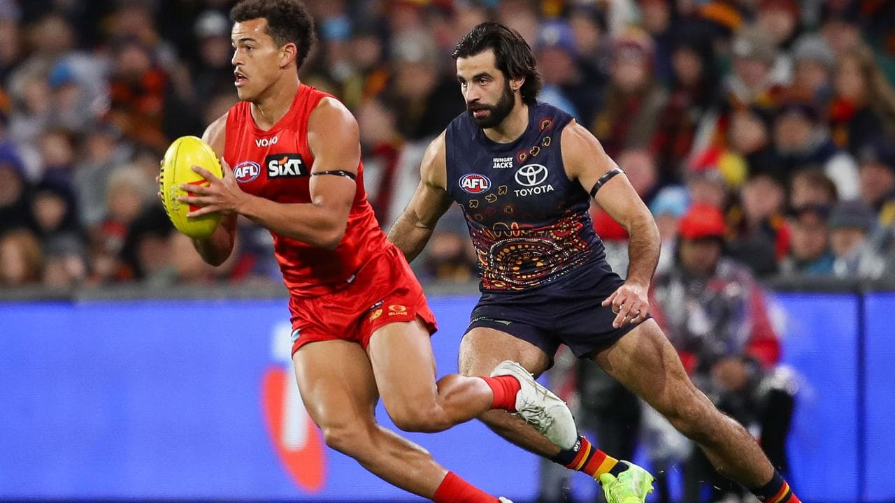 Leonardo Lombard tries to get away from Adelaide defender Wayne Milera