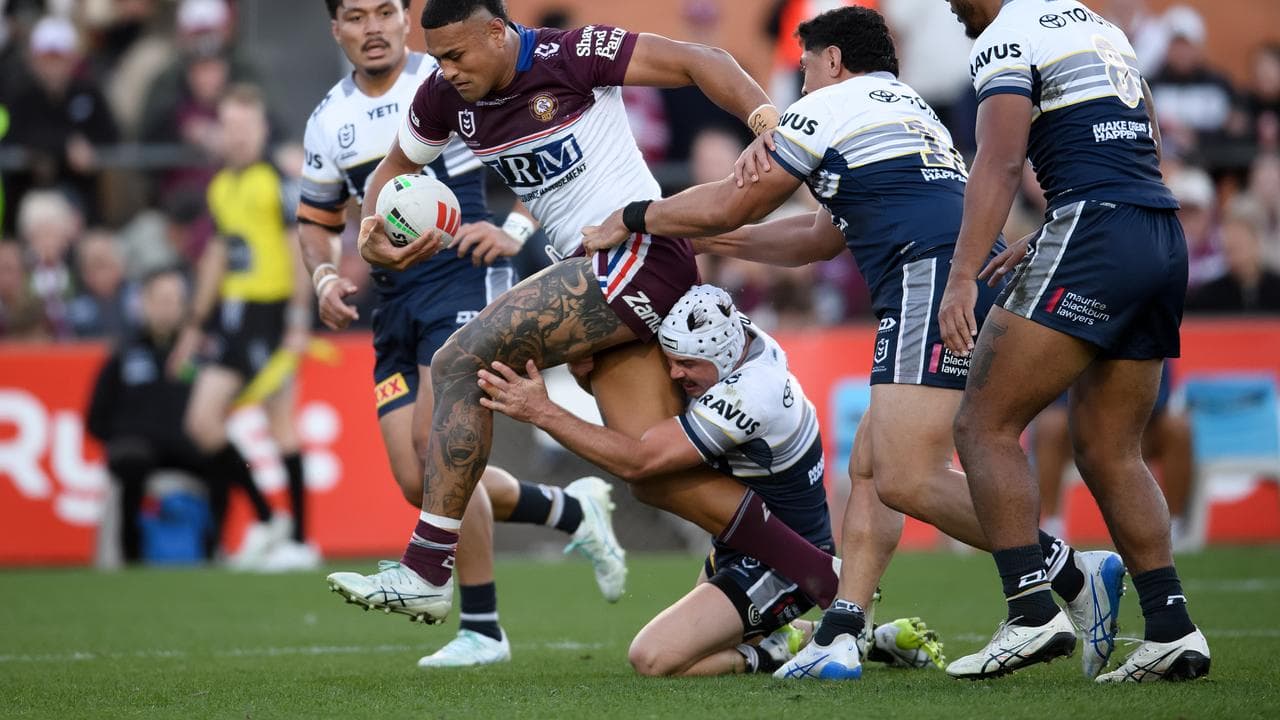 Manly's Haumole Olakau’atu proved quite a handful for the Cowboys.