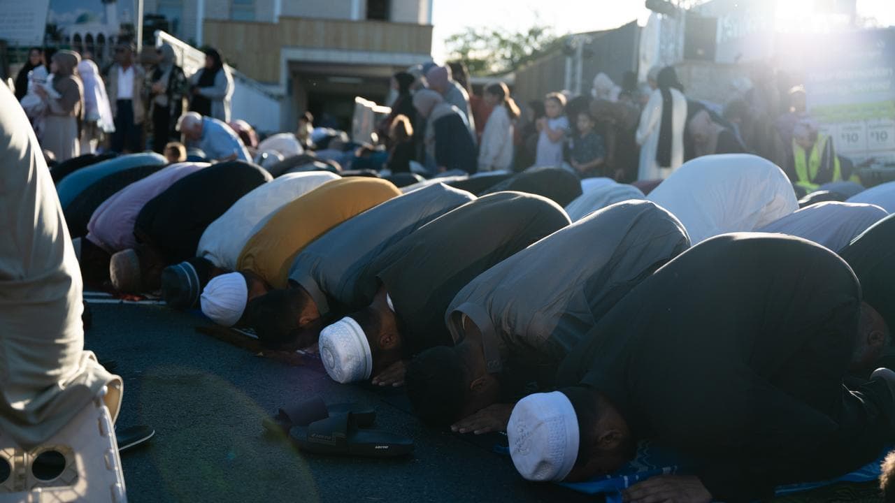 Crowds celebrating Eid al-Fitr at the Lakemba Mosque in Sydney.
