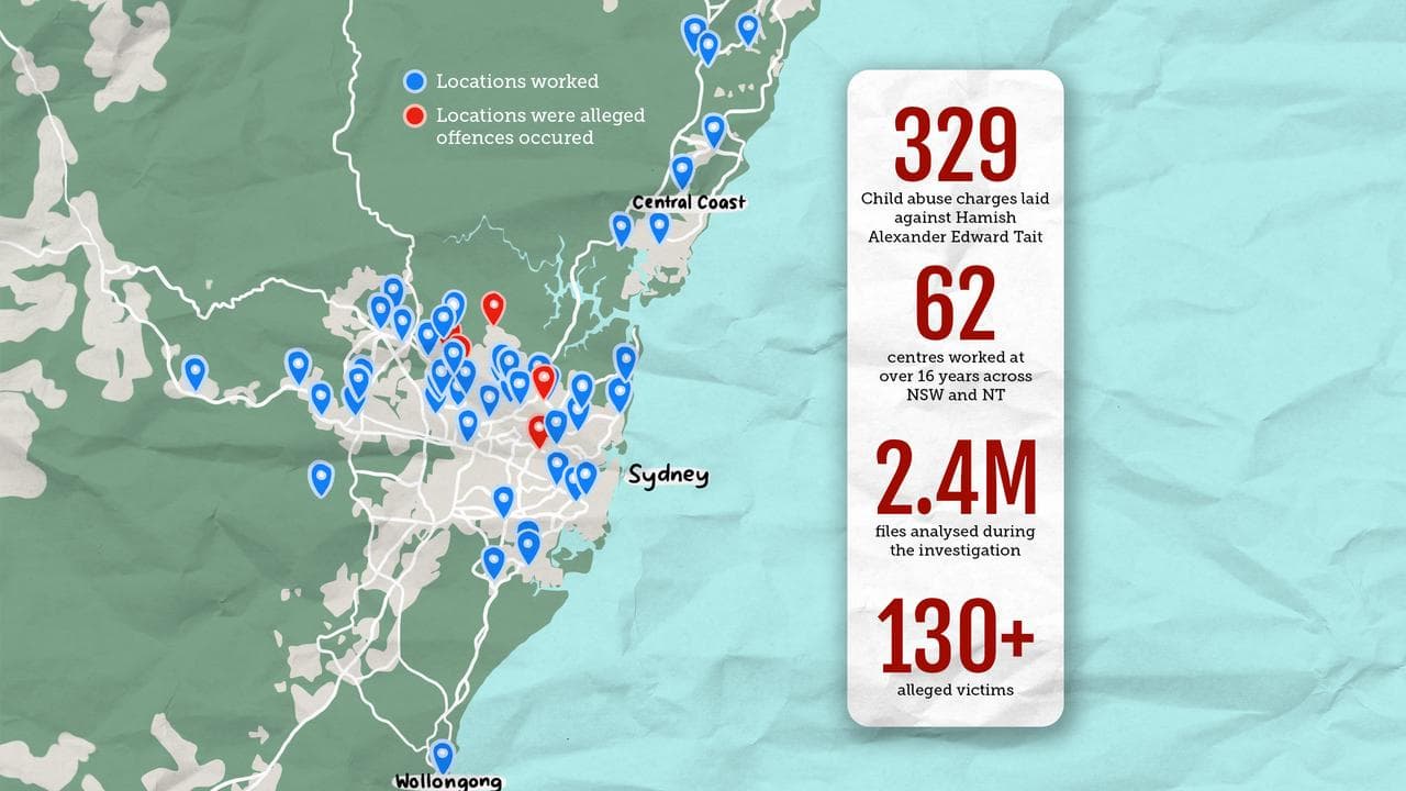 A graphic sowing the locations of centres where Hamish Tait worked