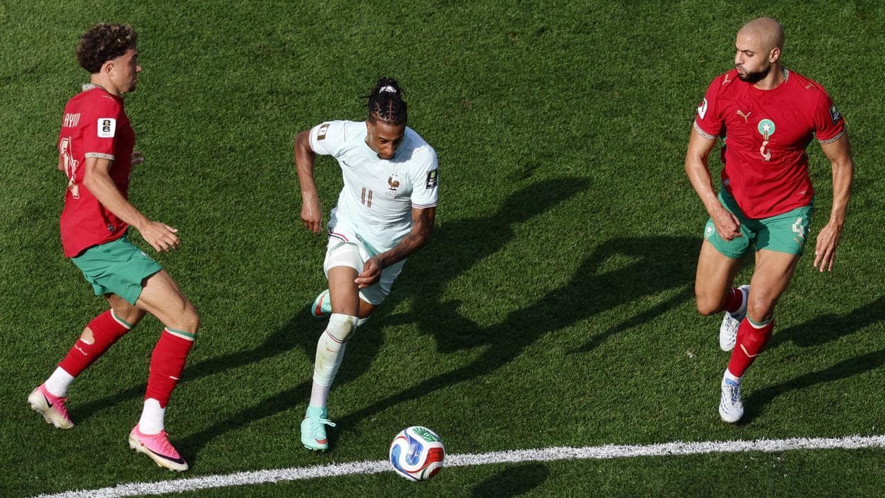 France and Morocco in action in the World Cup quarter-final game