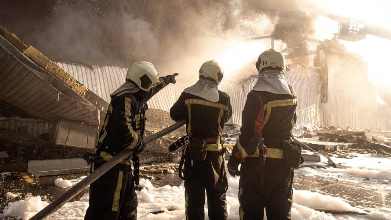 A fire following a Russian air attack in Kyiv, Ukraine