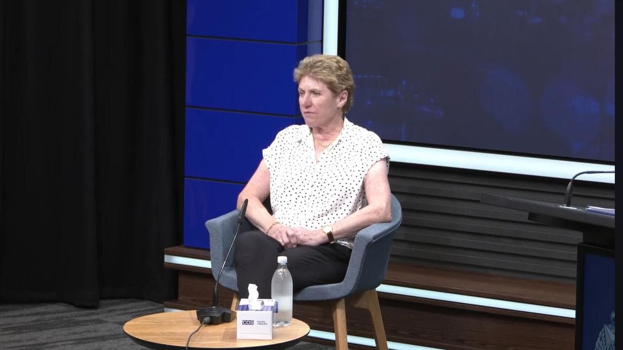 woman sits in a chair at police press conference