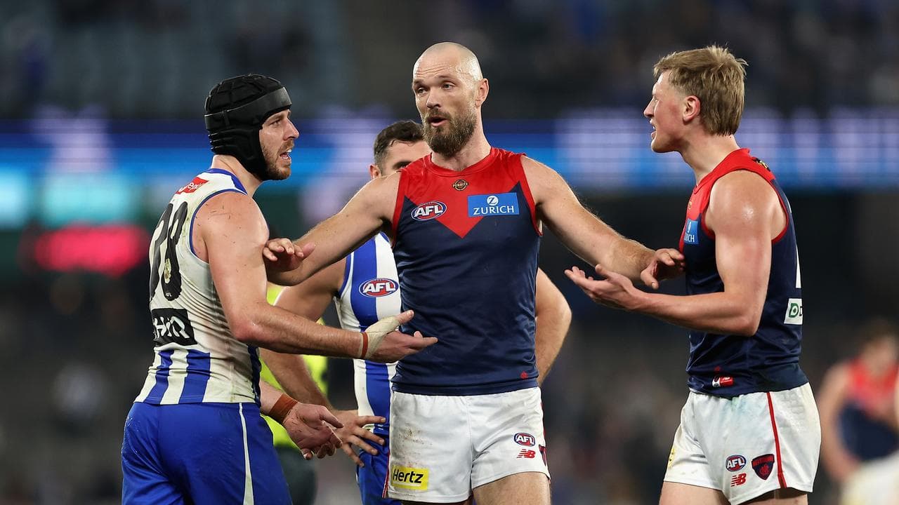 Max Gawn was caught in the middle of Tristan Xerri and Max Heath.