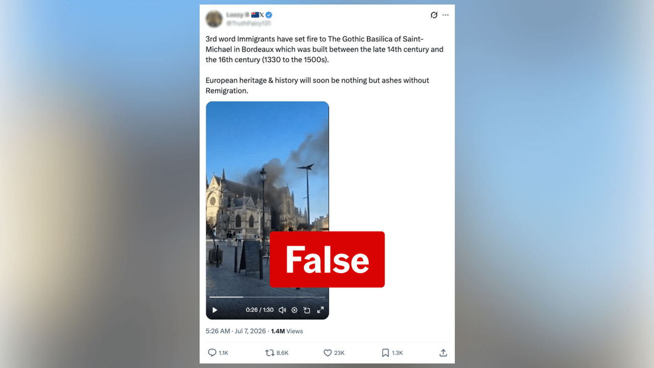 Screenshot of an X post with a false claim about a church fire