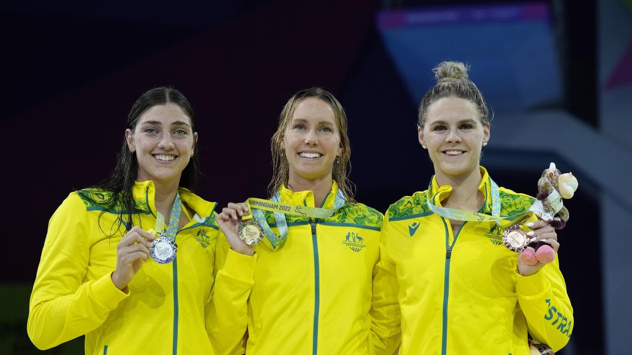 Aussies Meg Harris, Emma McKeon (c) with Shayna Jack.