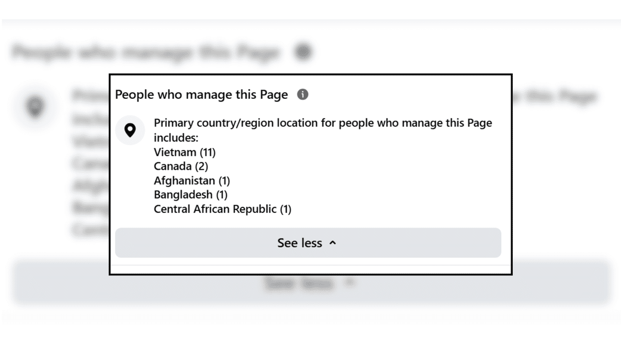 Screenshot showing the country of the administrators of the page