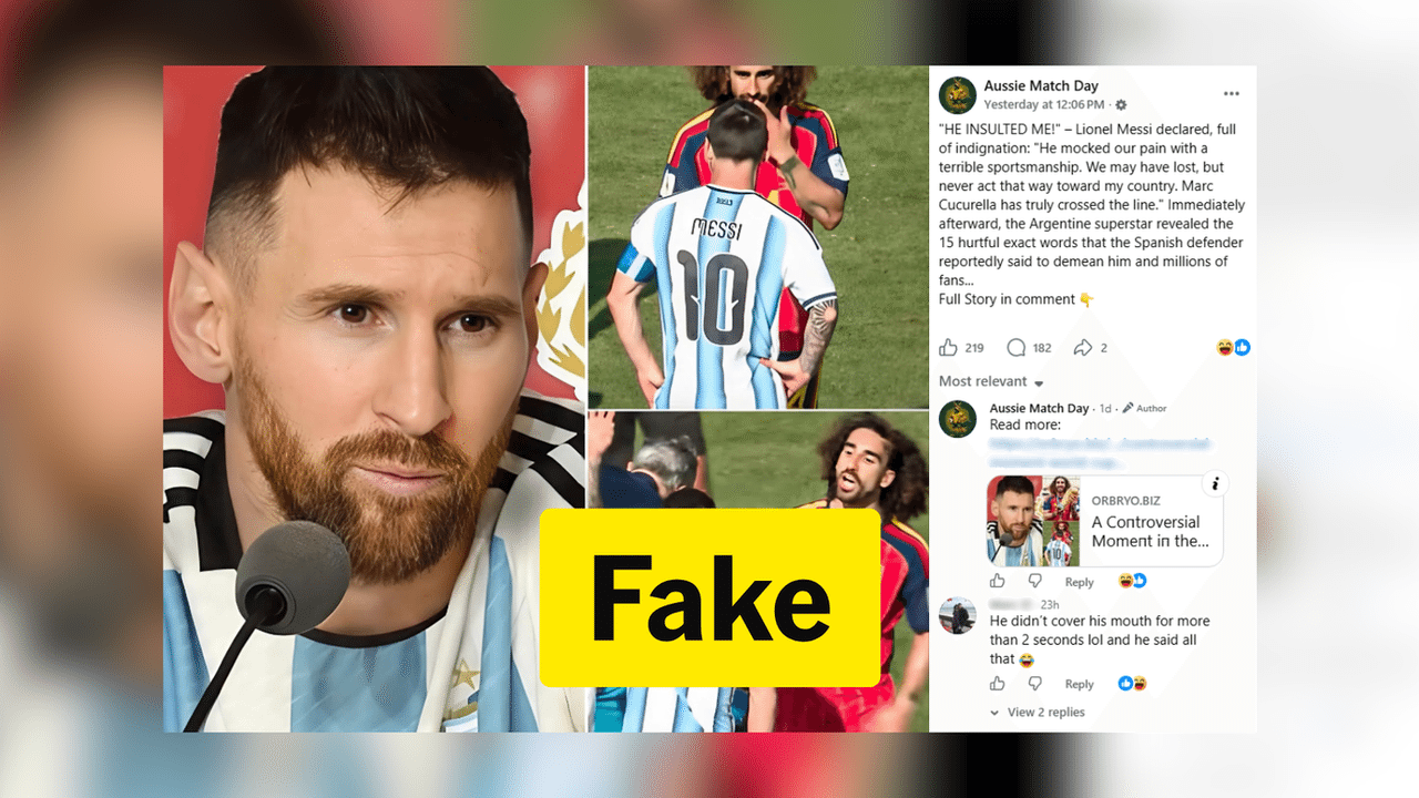 Screenshot of a false claim about Argentina player Lionel Messi