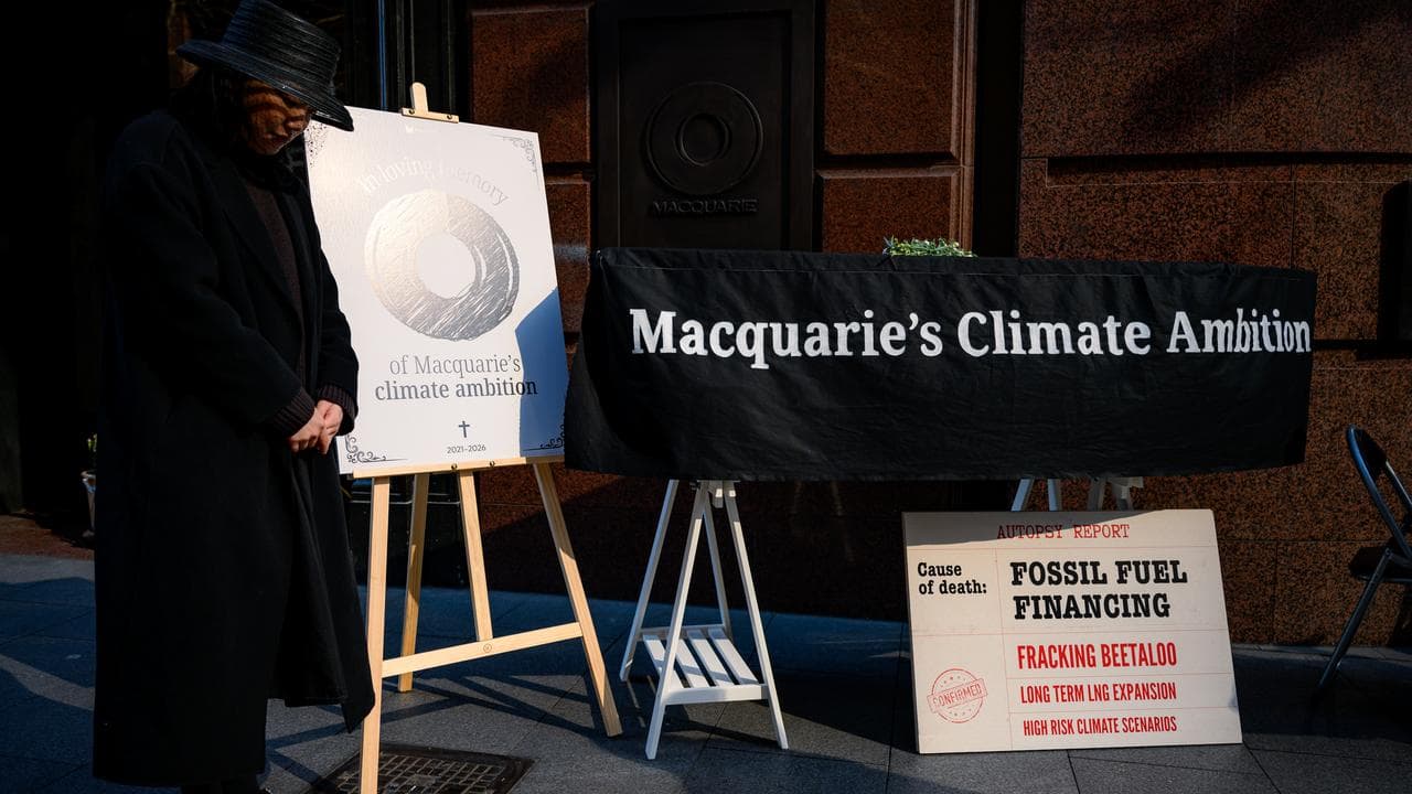 A protest outside the Macquarie Group headquarters