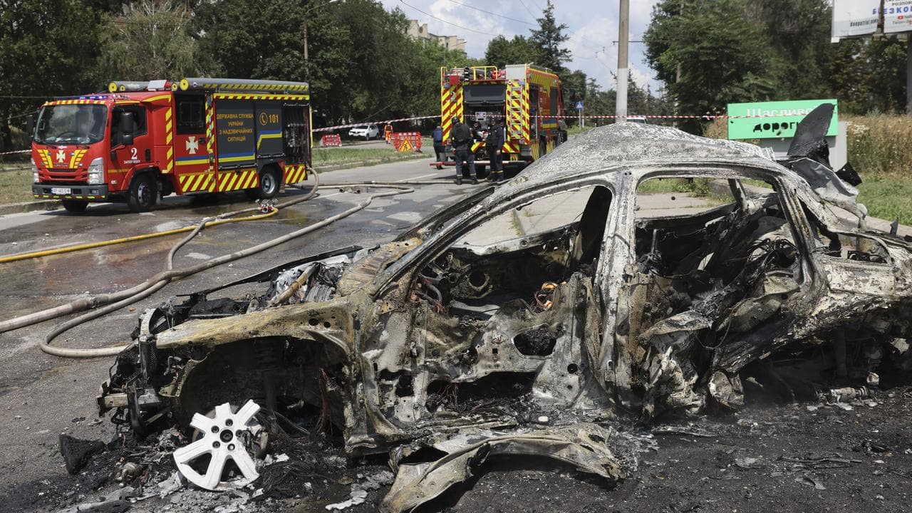 A destroyed car in Ukraine