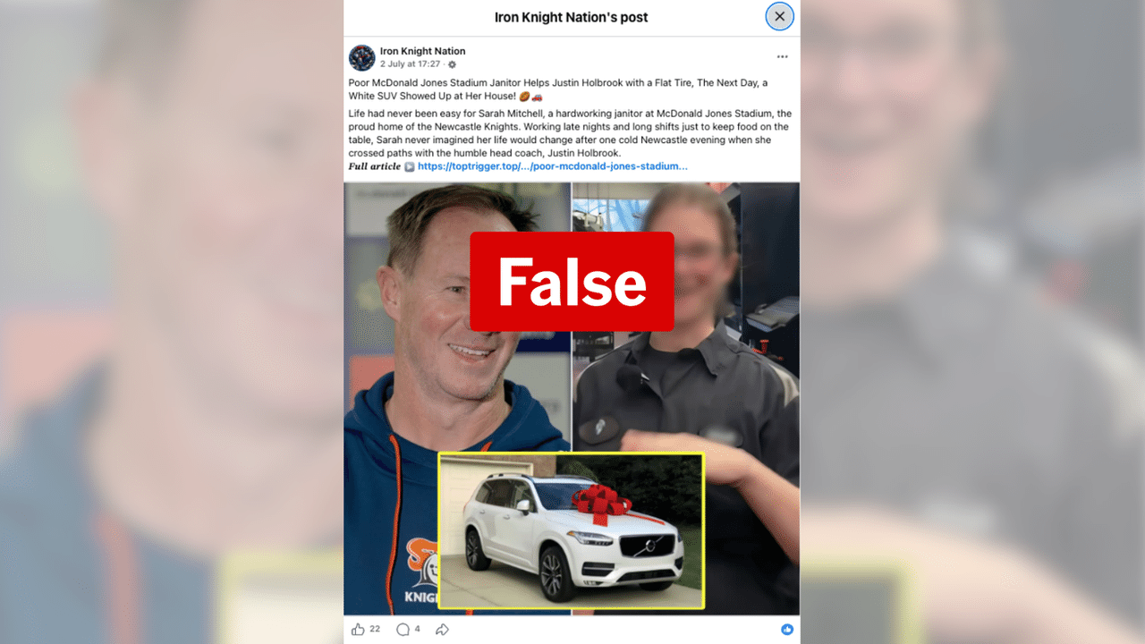Screenshot of a false claim about the Knights coach gifting a new car
