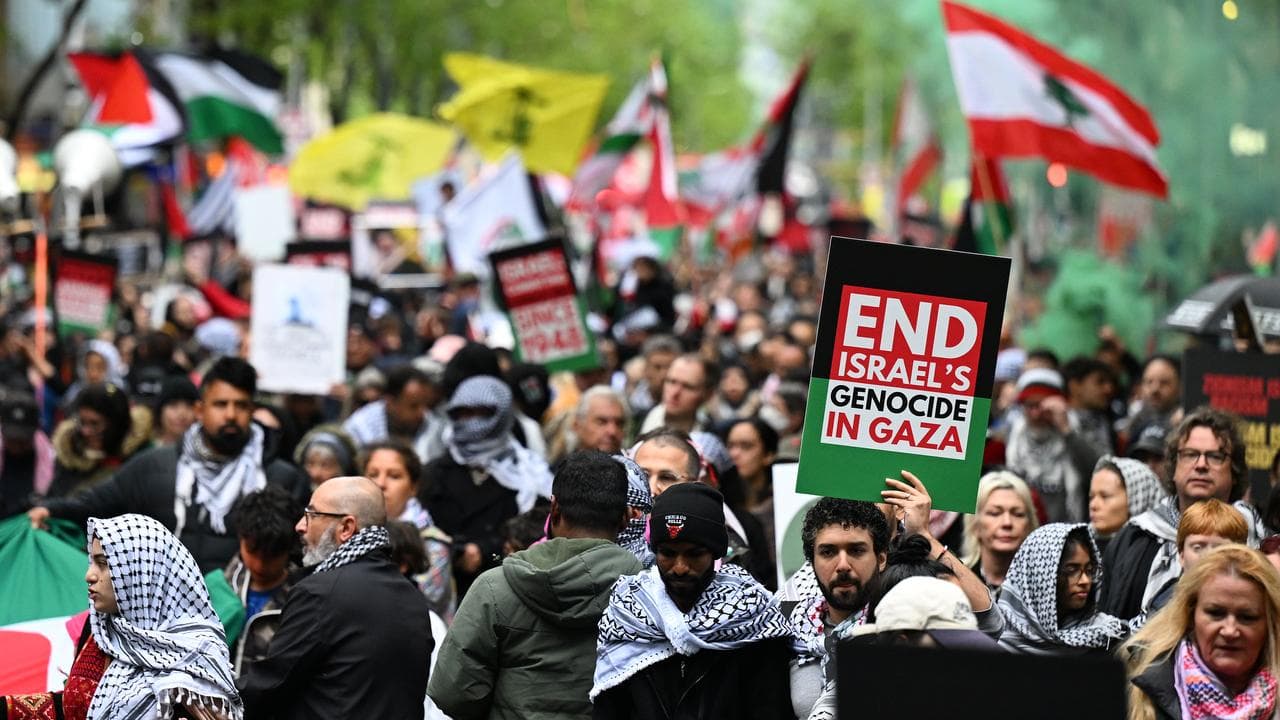 Protesters at a rally for Gaza and Lebanon in Melbourne