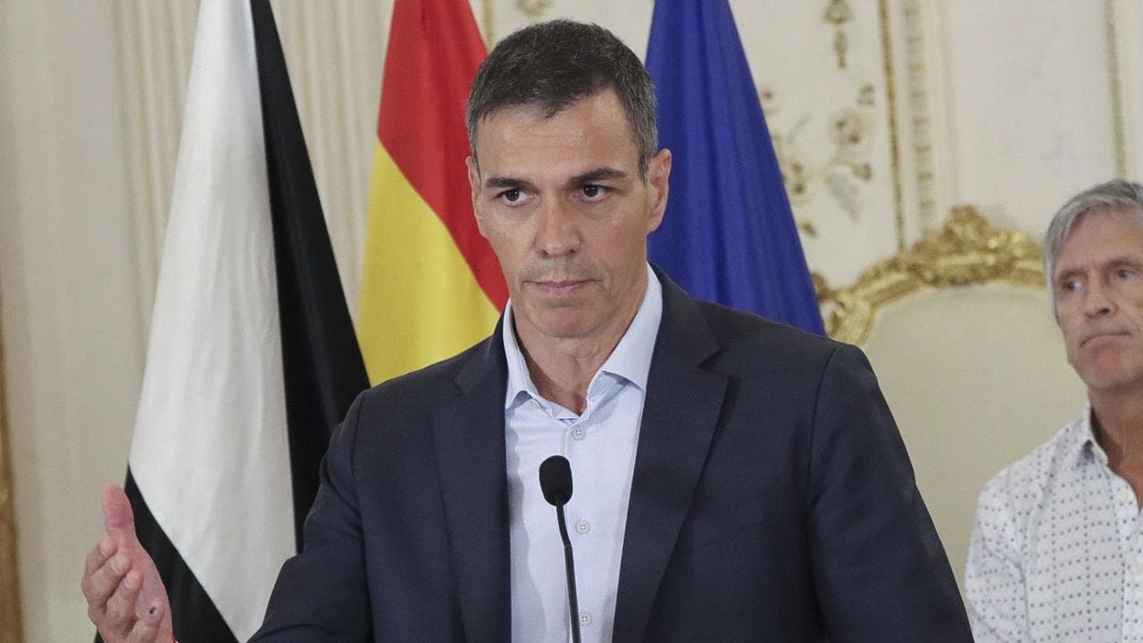 Spanish Prime Minister Pedro Sanchez speaks to reporters in Ceuta
