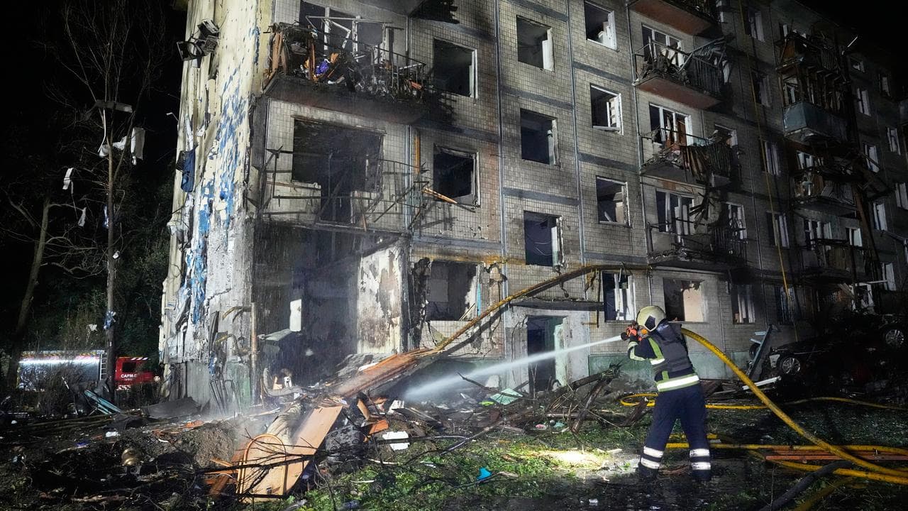 Damaged building following Russian missile attacks in Kyiv, Ukraine