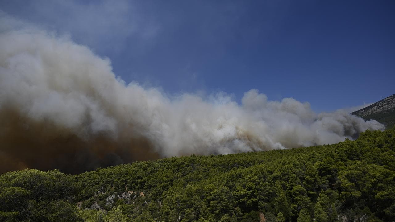 Smoke rises into the sky from a wildfire near Porto Germeno, Greece