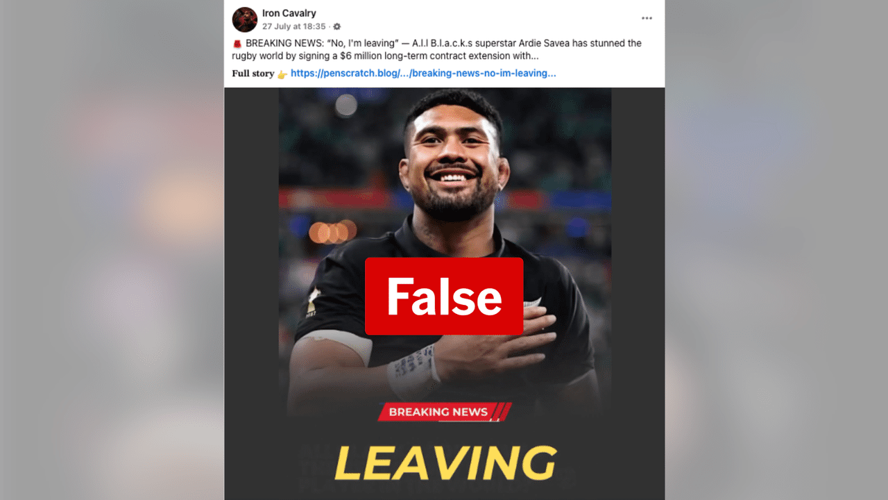 Screenshot of a fake post about New Zealand rugby player Ardie Savea