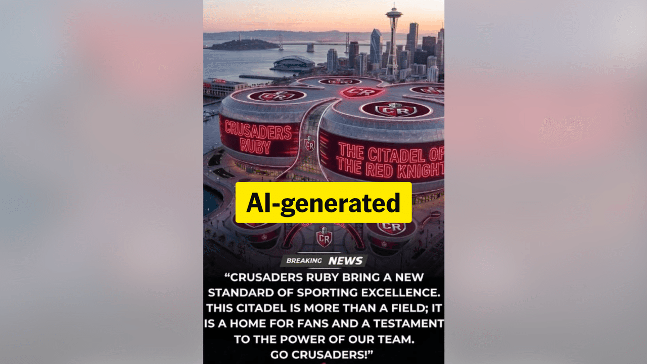 Screenshot of an AI-generated Crusaders mega-stadium in a false post