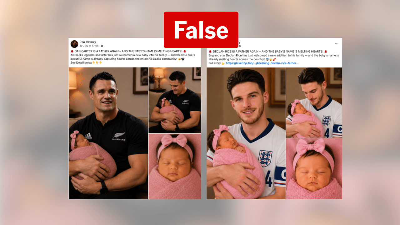 Screenshot of near-identical fake claims about sports stars' babies