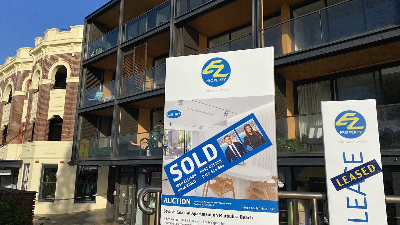 Real estate signs outside an apartment block in Maroubra, Sydney