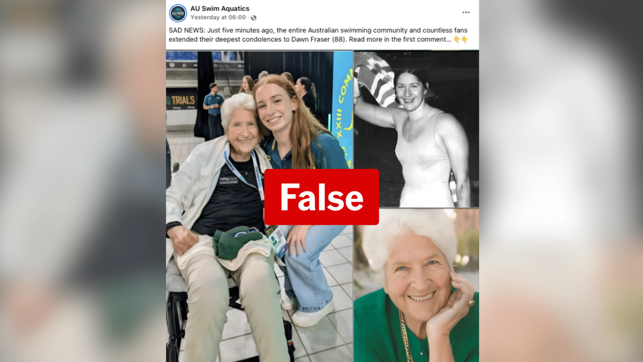 A screenshot of a post falsely claiming Dawn Fraser has died.