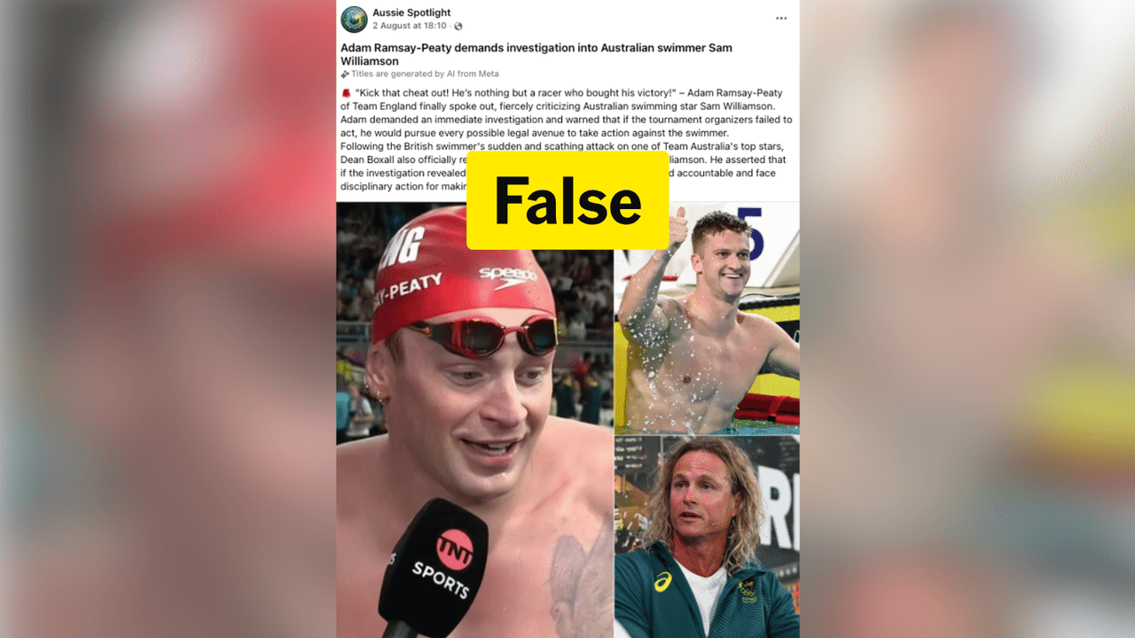 A screenshot of a fake story about Commonwealth games swimmers