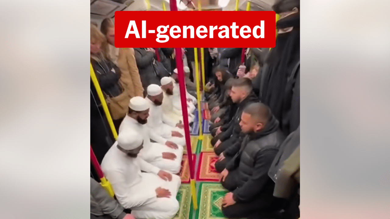 Screenshot of an AI video showing Muslim men praying on a train