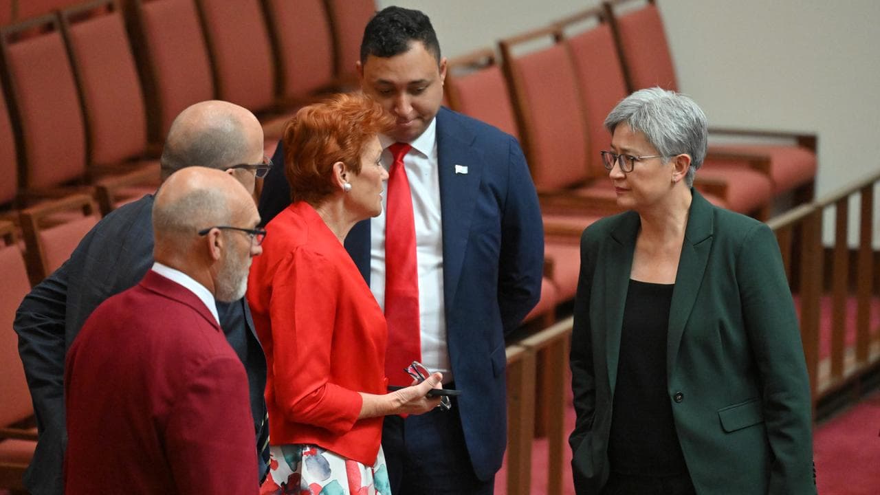 Pauline Hanson speaks to Penny Wong