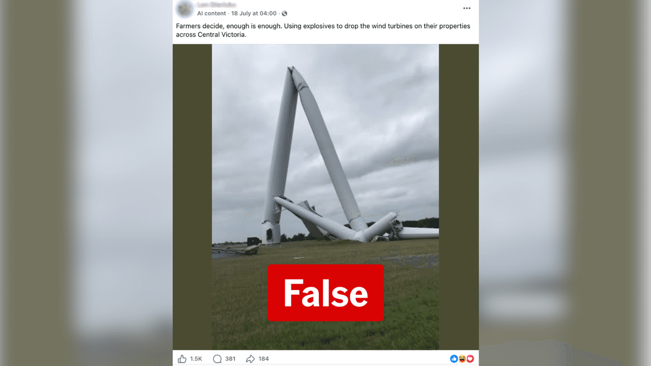 Screenshot of a Facebook post with a false claim about a wind turbine