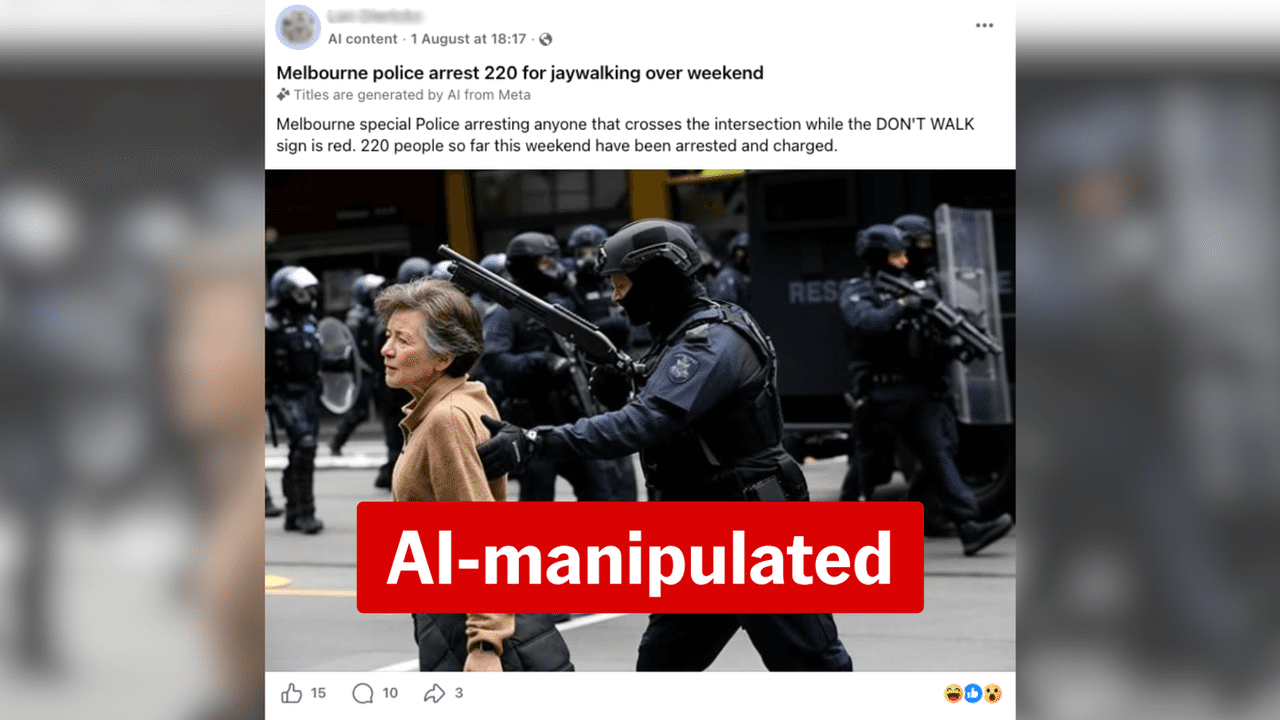 A screenshot of an AI-edited photo of armed police in Melbourne.