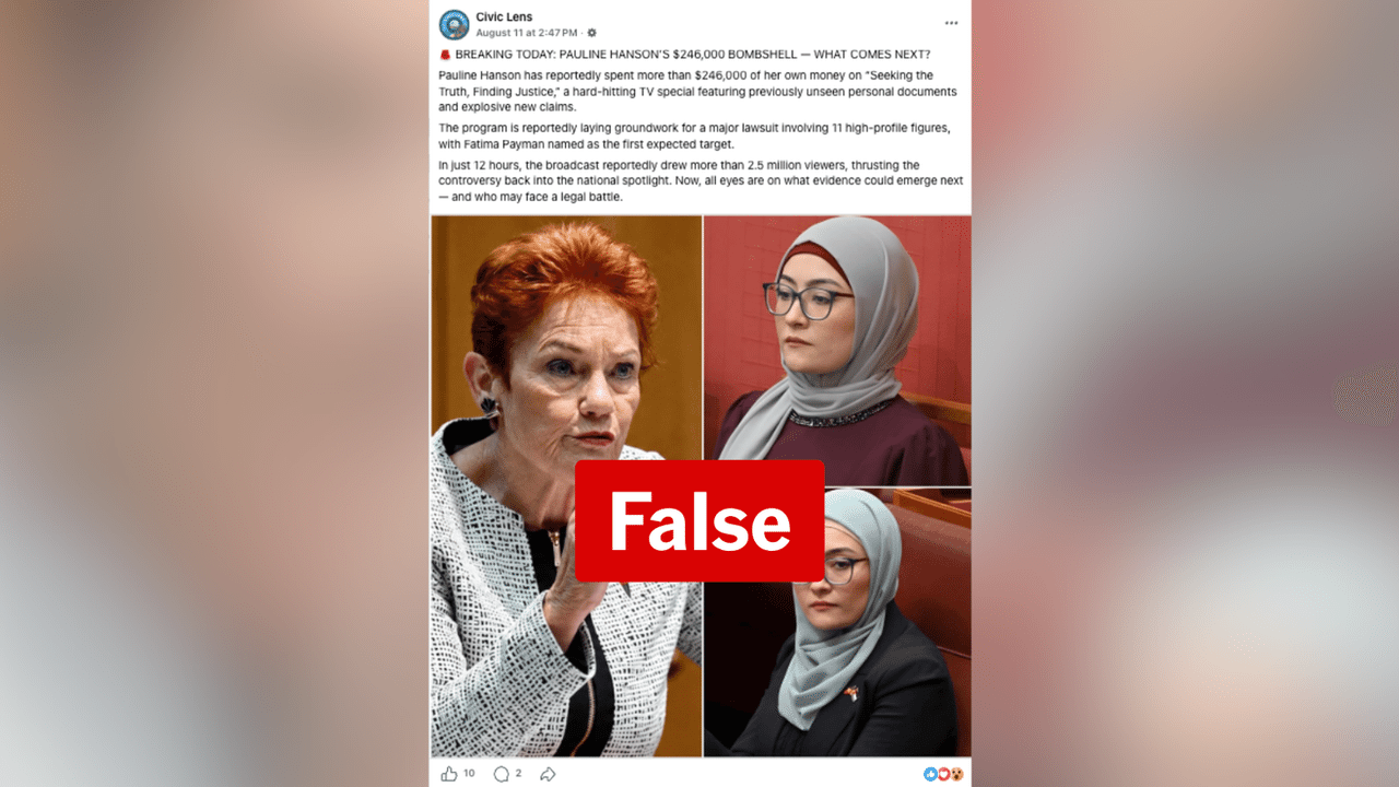 A screenshot of a Facebook post about Pauline Hanson and Fatima Payman