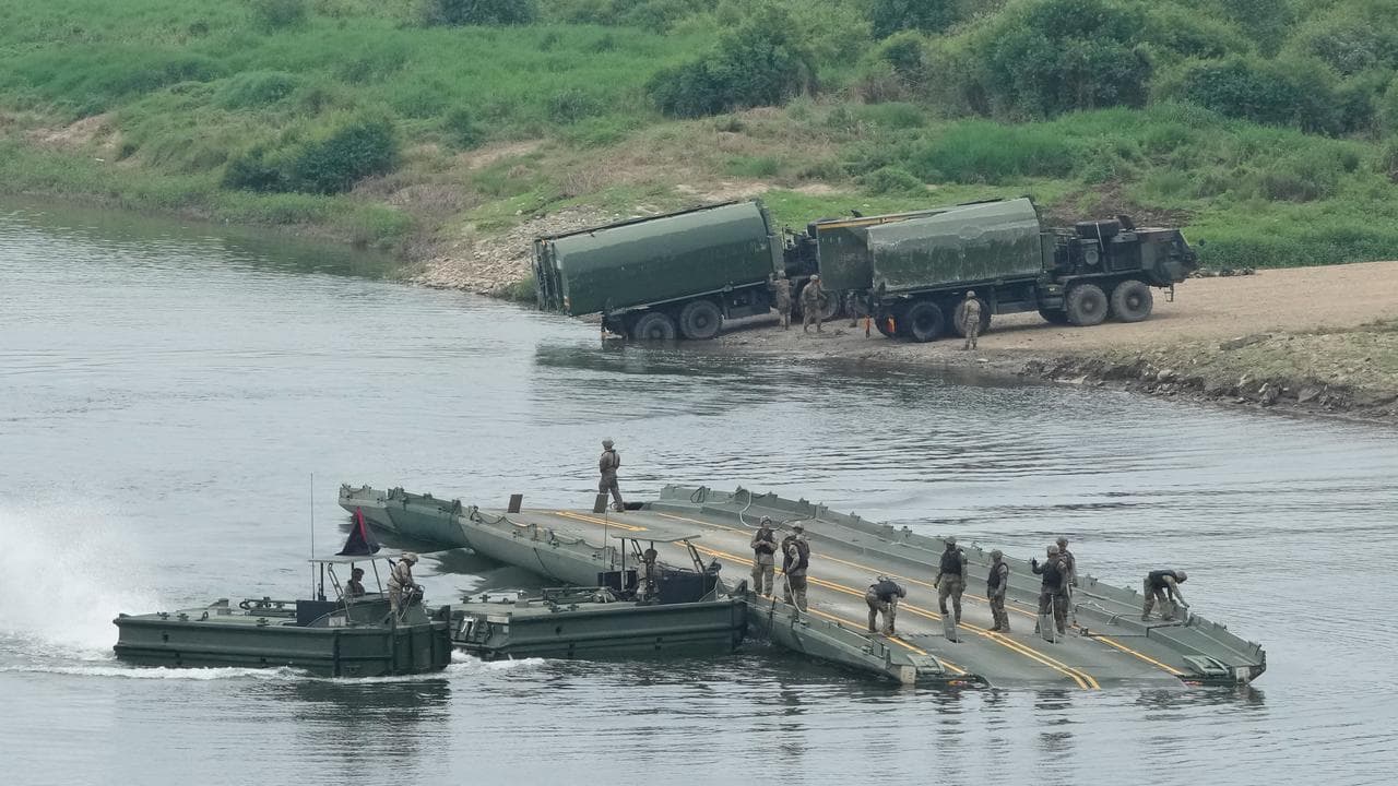 US soldiers dismantle a bridge at a training exercise in South Korea