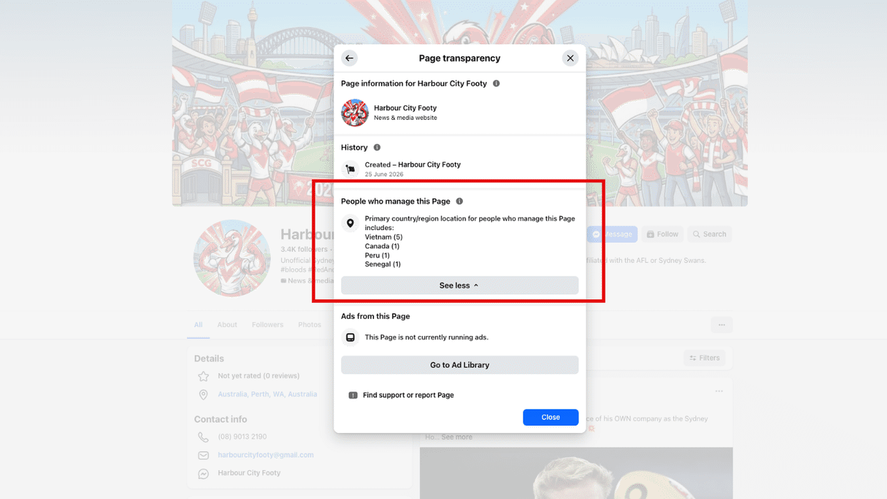 Screenshot showing where the Facebook page is operated from